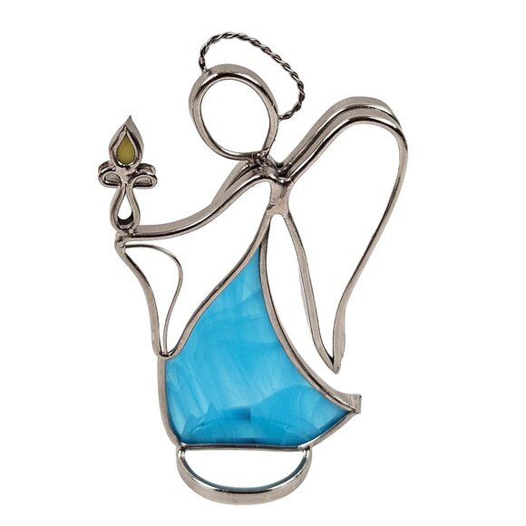 Stained Glass Angel Figurines Set of 2 Handcrafted Decorative Art White Blue - Picture 5 of 9